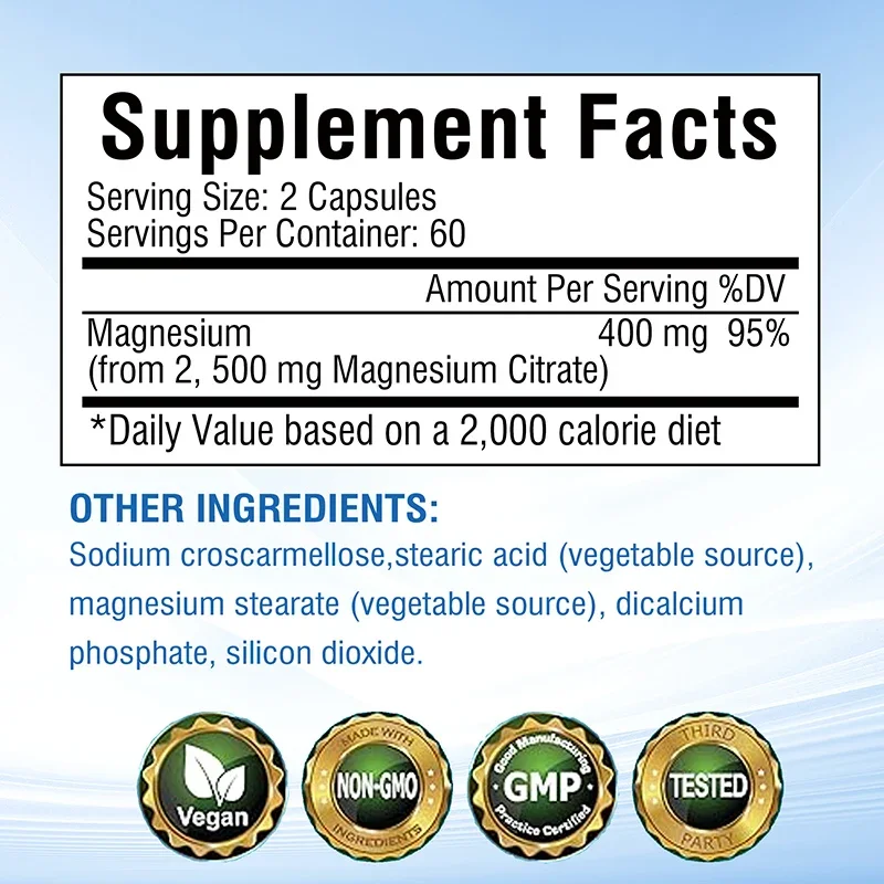 Magnesium Citrate Capsules - for Muscle, Nerve, Bone and Heart Health - Gluten Free, Non-GMO