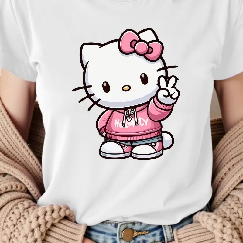 

Street Trend Hip Hop Hello Kitty 2025 T-shirt Summer Novelty Loose Women's Fashion T-shirt Multi Functional Casual Loose Top