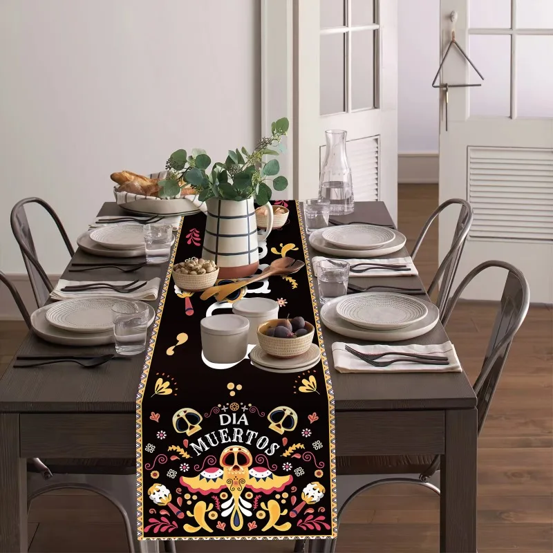 Mexican Dia De Los Muertos Linen Table Runner Home Decor Reusable Mexico Day of The Dead Dining Table Runners Fiesta Party Decor