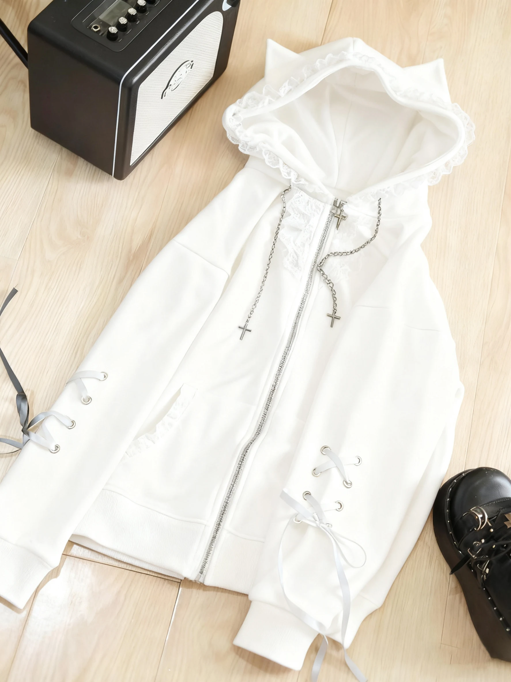 المرأة القوطية لوليتا القط الأذن هوديي-الدانتيل تقليم عبر سلسلة الدانتيل متابعة كم زمم البلوز منفعل الحلو الشارع الشهير ربيع الخريف