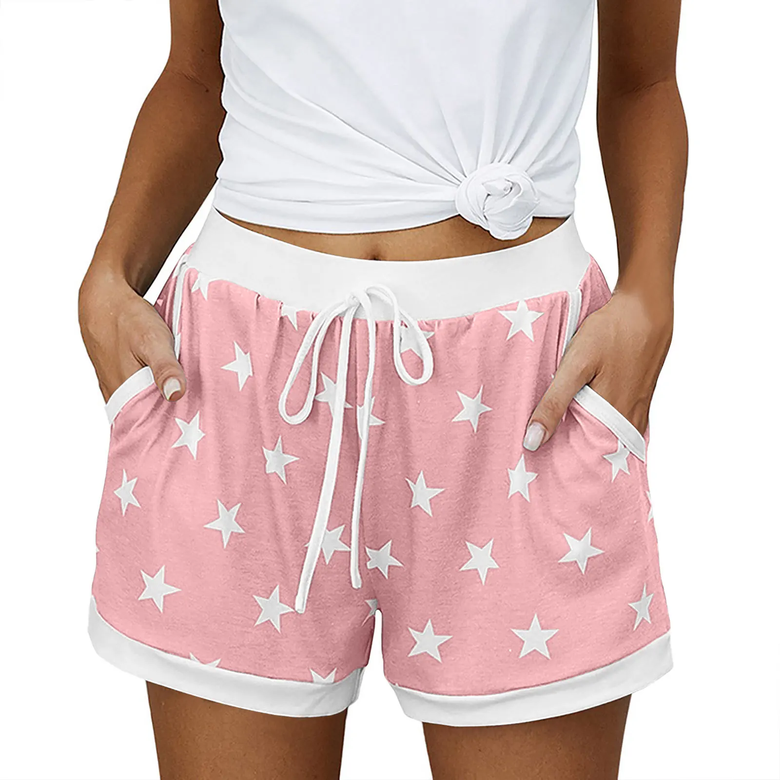 2025 Women's Fashion Patchwork Shorts Star Print Drawstring Elastic Waist Short Pants Summer Fashion Casual Shorts