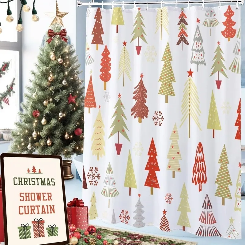 Vintage Warm Tone Hand Painted Christmas Tree Snowflake Shower Curtain No Drilling Bathroom Decor with 12 Hooks