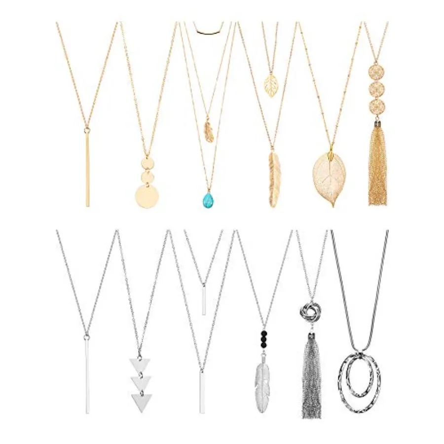 Hicarer 12 Pieces Long Pendant Necklace Set Y Tassel Leaf Circle Bar Necklace for Women