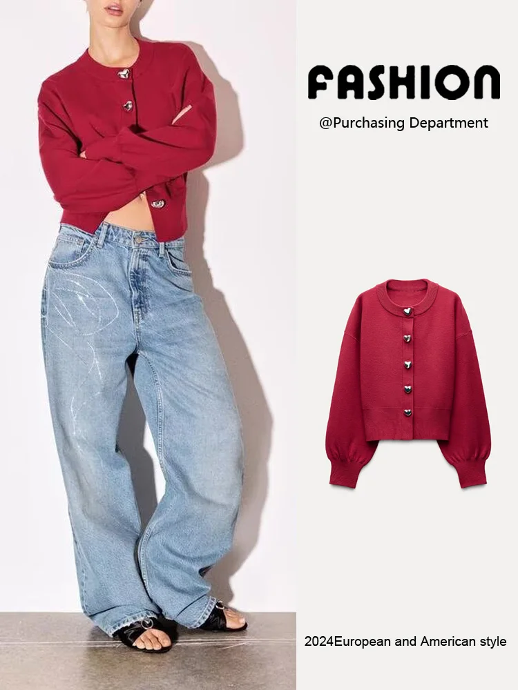 

Spring New Women's Knitted Puffy Long Sve round Ne Outerwear Heart Button Flat Needle Knitwear Commute Sle Slim Fit