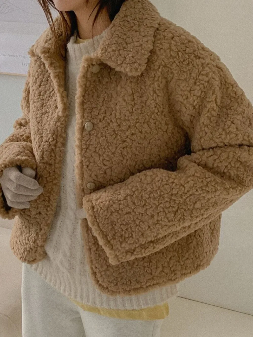 

Chic Winter Faion Lamb Fur Jaet ort Loose Fit Turn-down Collar Single Button Korean Sle Women's Warm Polyester Coat