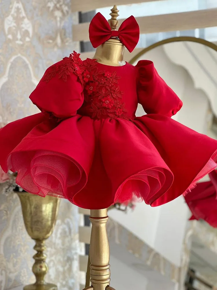 Baby Girl Princess Dress Puff Sleeve Infant Toddler Teen Bow Vestido Red Party Birthday Ball Gown Xmas Baby Clothes 1-12Y