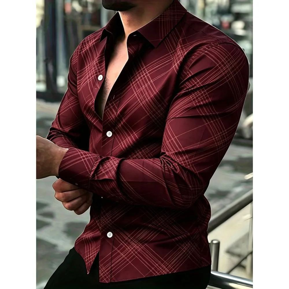 New men's geometric line printed long sleeved shirt with business casual fashion design, slim fit, no ironing, versatile plus si
