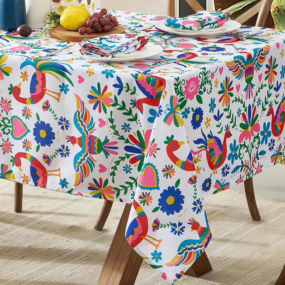 Mexican Floral Birds Rectangle Tablecloths Mexico Party Decor Day of The Dead Dia De Los Muertos Table Cloth Kitchen Table Decor