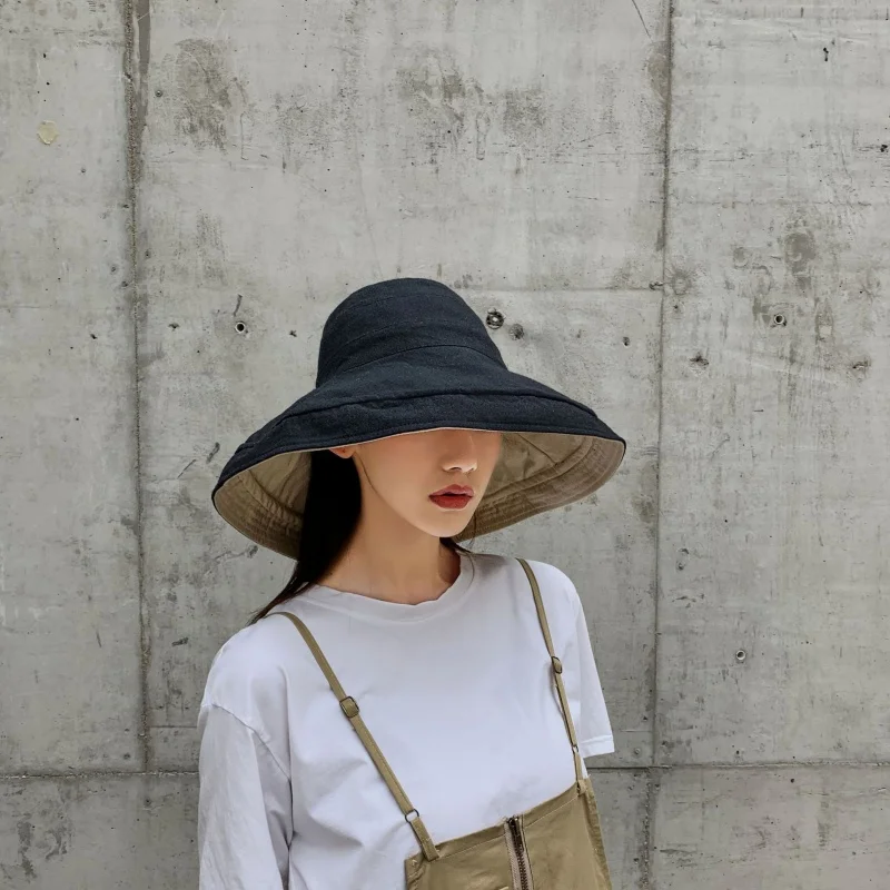 Bucket Hat Women's Summer Korean Fashion Ins Japanese Cotton Linen Versatile Big Brim Sun-Proof Sunscreen Double-Sided Solid Col