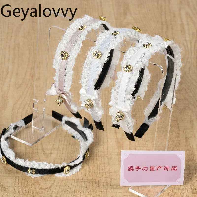 

Japanese Lolita Mass-Produced Autumn Winter Fluffy Lace Headband Gemstone Bow Sweet Cute Versatile Hair Accessory for Girls