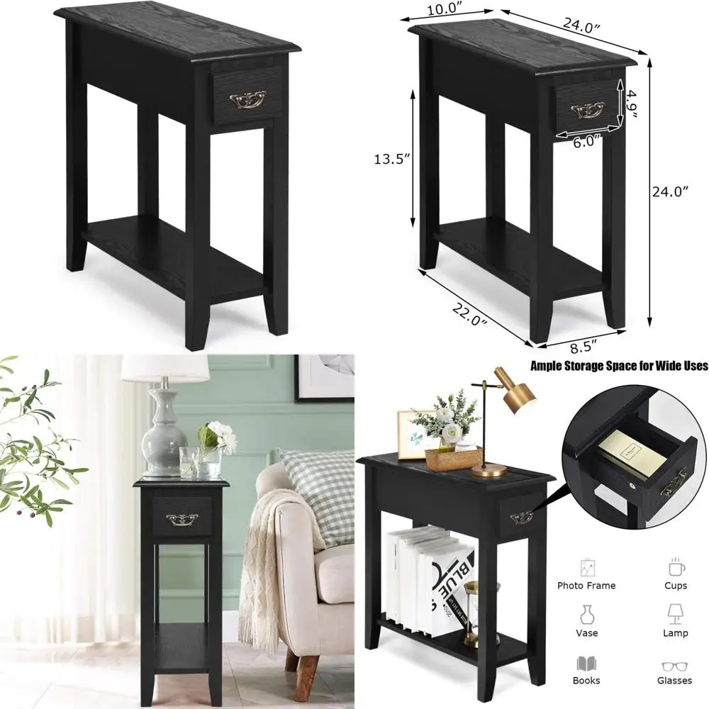

Slim End Table with Drawer and Open Shelf, Compact Side Table for Small Spaces, Narrow Nightstand for Beds