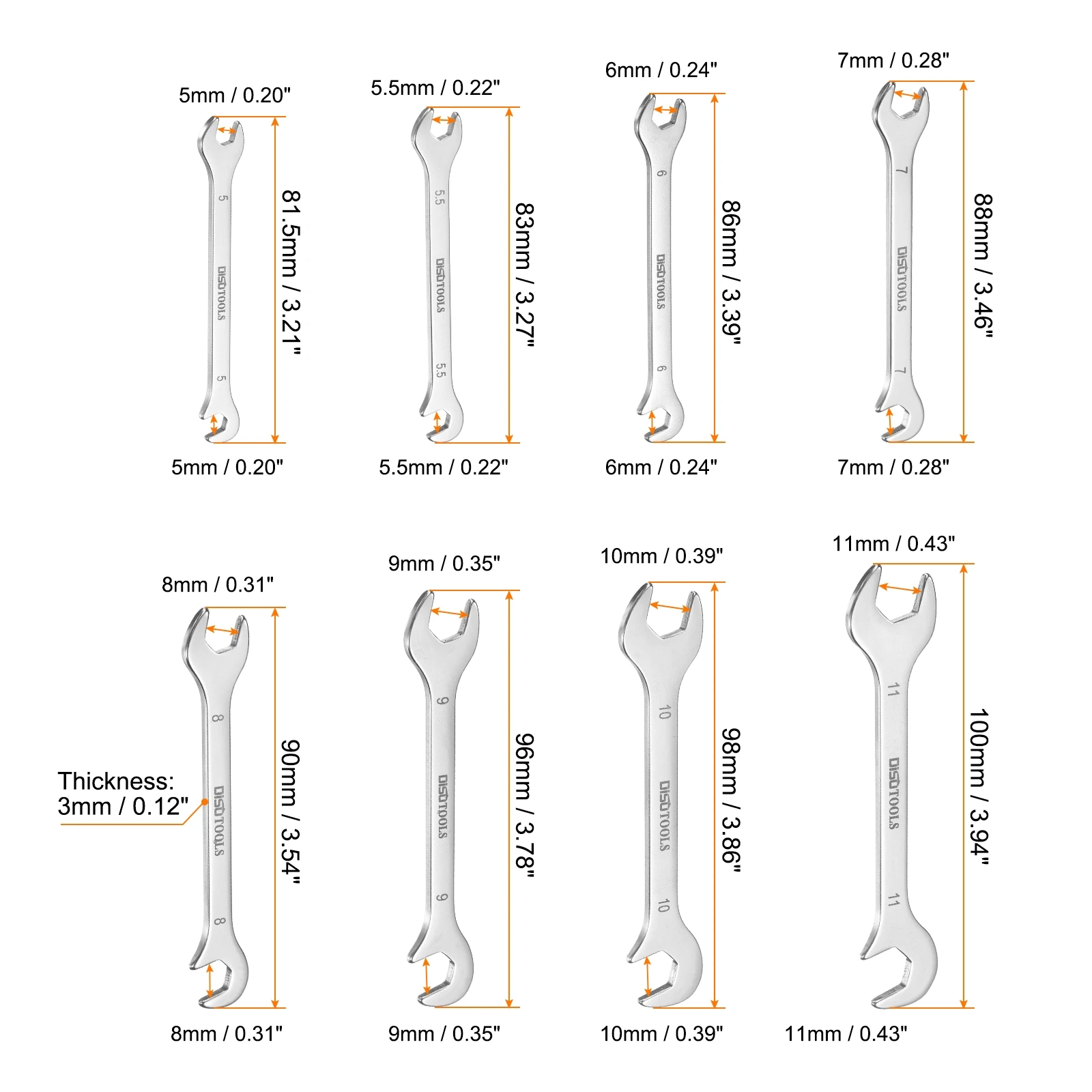 Super-Thin Open End Wrench Set 5/5.5/6/7/8/9/10/11mm Metric Double Open-End Wrench Spanner with 15°and 75° Angled for Repairs