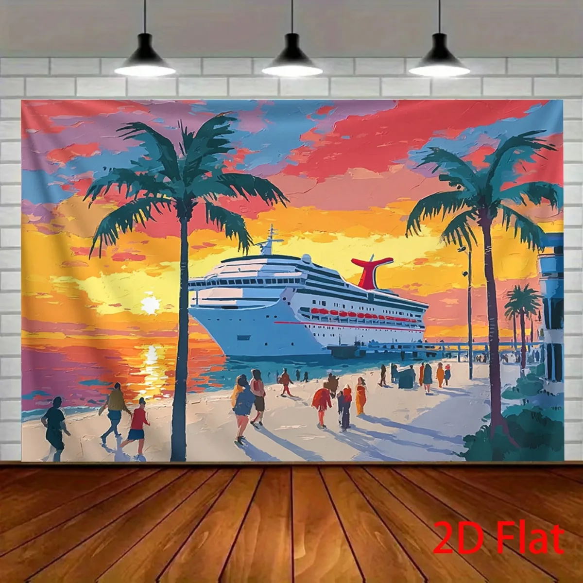 Cruise Ship Sunset Beach Tapestry Tropical Palm Tree Ocean Voyage Wall Decor Travel Vacation Summer Sea Port Cityscape 2D Flat