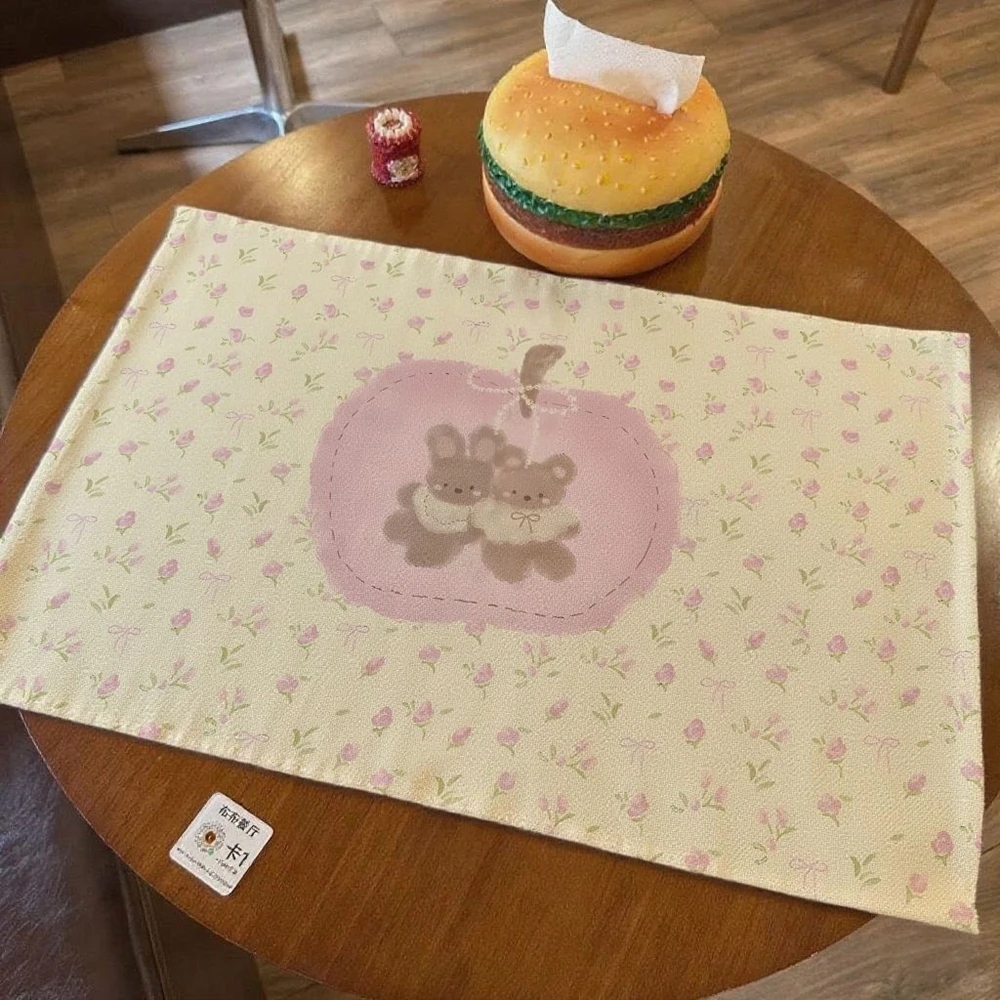 Japanese Cartoon Teddy Bear Retro Floral Cotton Linen Tablecloth Cute Handmade Background Cloth Bedroom Decoration Desk Pad