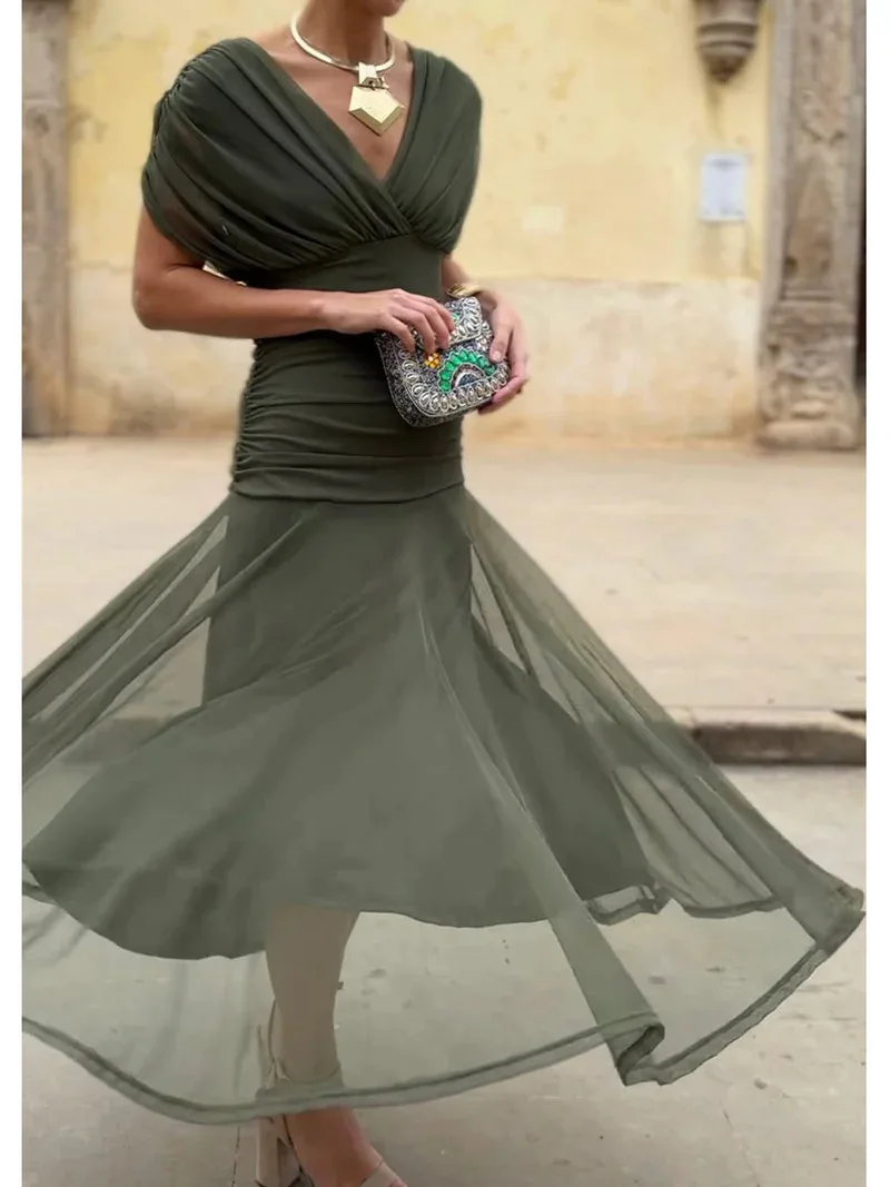 Elegante midi-jurk met bloemenprint, groene off-shoulder jurken, avondjurk, bruiloftsgast, zomervakantie, nieuwe strandzonsopgang