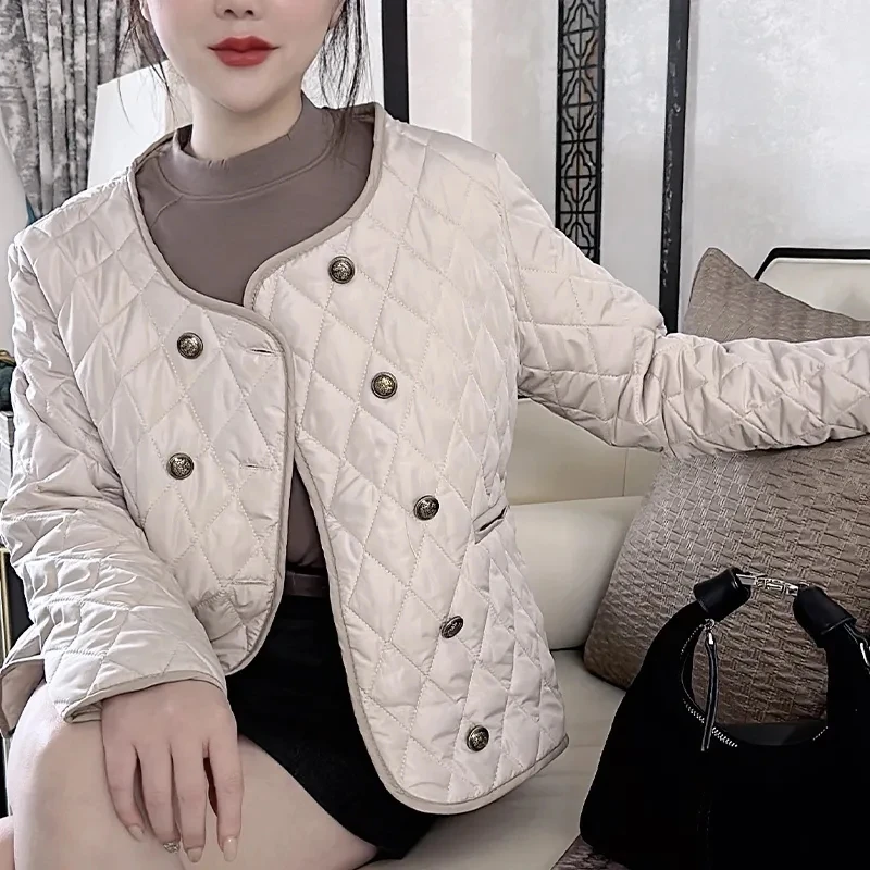 2024 New Autumn Winter European Women Round Neck Double-breasted Cotton Coat Diamond Lattice Light Short Jacket Padded Clothes