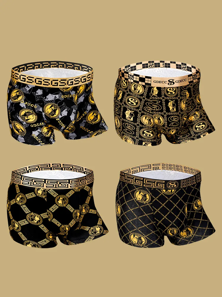 4PCS black gold luxury style portrait pattern gold chain design pure cotton skin-friendly  comfy men\'s boxer with gift box