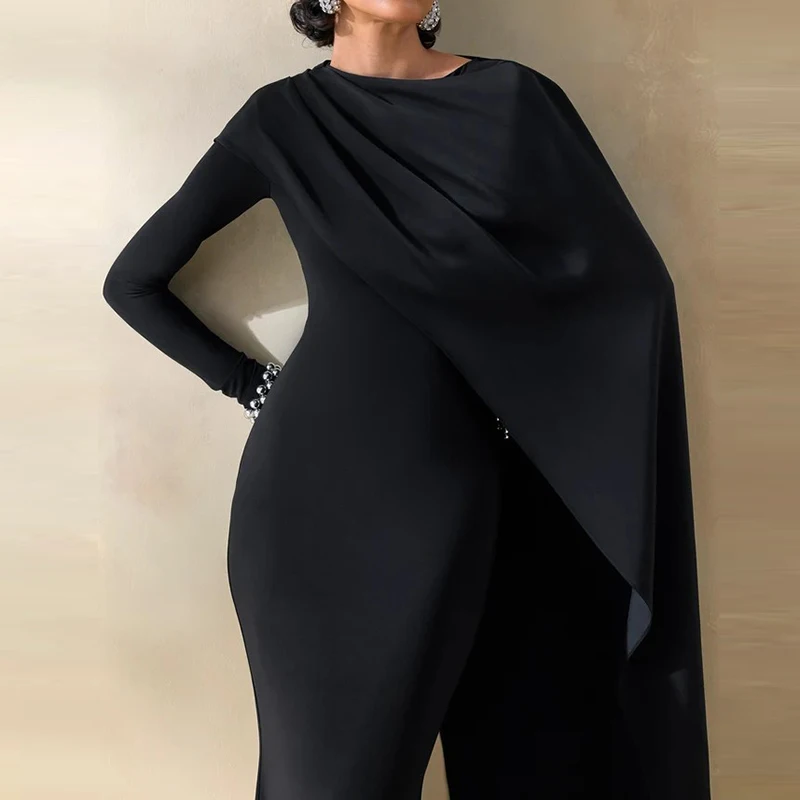 Women Elegant Cape Sleeve Maxi Dress Long Sleeve Solid Cowl Neck Split Floor Length Gown Casual Formal Wedding Guest Party Dress