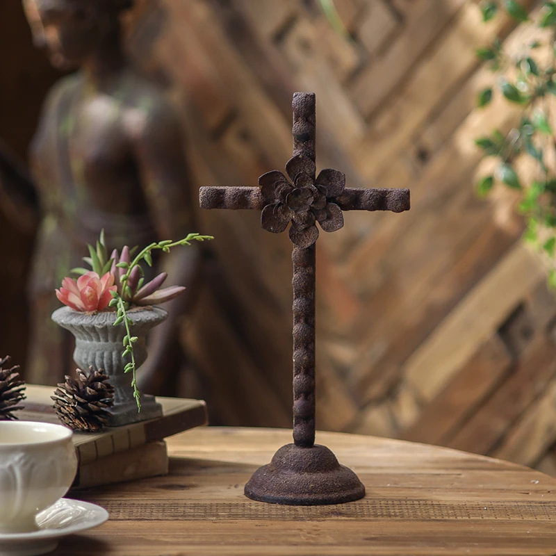Small Iron Cross Tabletop Decor, Rustic Flower Cross Ornament, Vintage Religious Statue, Brown, Farmhouse, Home Office Gift