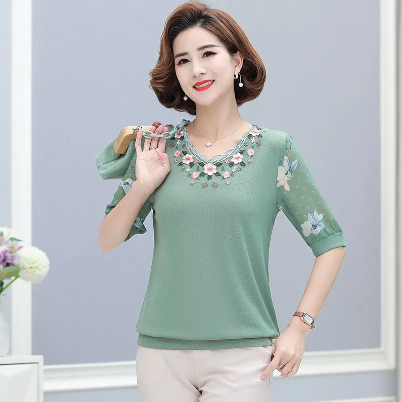 NEW Summer Chiffon Short Sleeve T Shirt Woman Patchwork  knitting T-shirt Woman Shirt Women Shirts