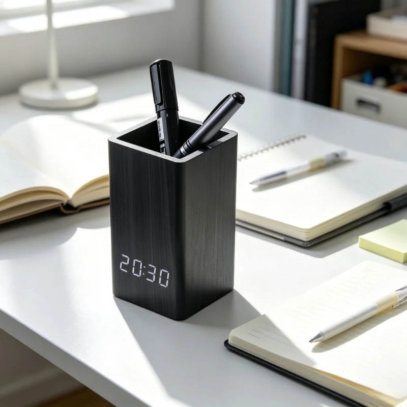 Wooden Organizer Pen Holder with LED Digital Alarm Clock Temperature Date Display Home Office Desktop Decoration Storage Box