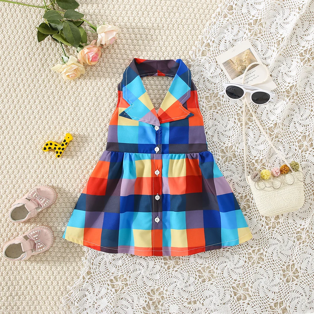 Summer New Girls\' Contrasting Plaid Printed Hollow Out Dress For Baby Girls Korean Version Suit Collar Sleeveless Skirt