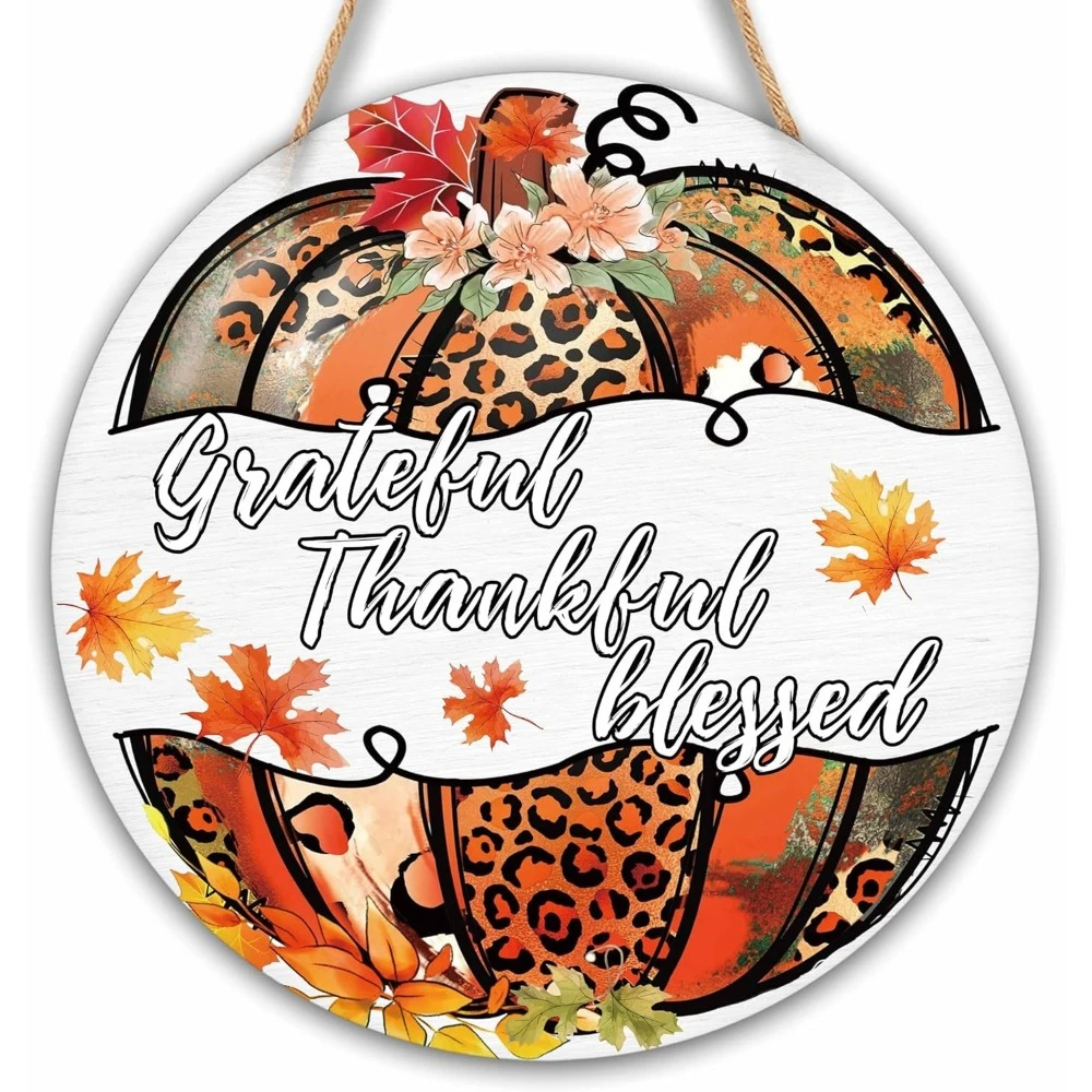 Fall Wooden Signs Wall Decor, Welcome Sign For Front Door, Grateful Thankful Blessed Round Hanging Sign With Rope