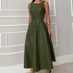 Sexy Ladies Sleeveless Slim Evening Dress Elegant Solid Color Zipper Pleated Dress Spring Summer O Neck Lace Up Waist Long Dress