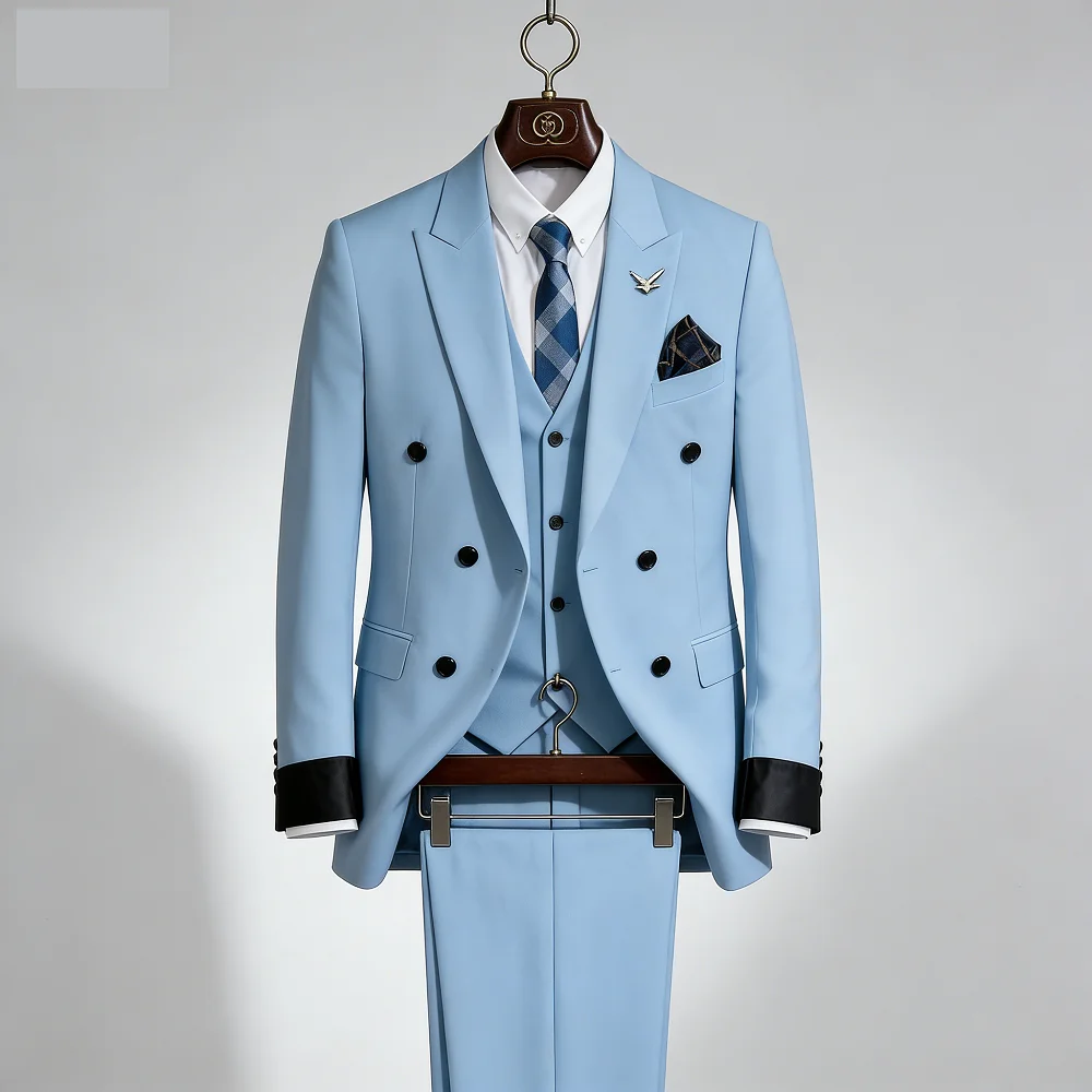 

Мужской двубортный костюм-тройка больших размеров для жениха: молодежный деловой повседневный комплект