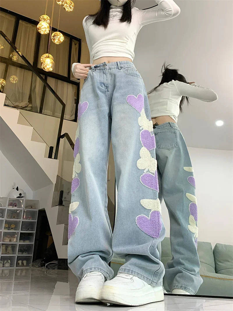 Embroidery Heart Design Spring Women's Pants Sweet Cute All-match Jeans for Women New Casual Fashion Woman Trousers