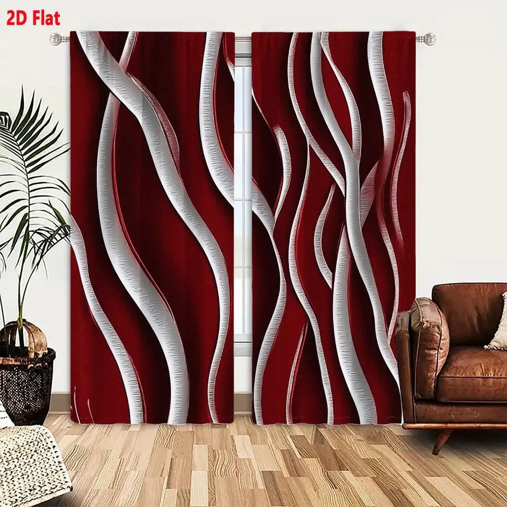 2Pcs Curtains 2D Flat White Ribbon Abstract Composition On Deep Red Background Window Drapes for Bedroom Room Decor Decoration W