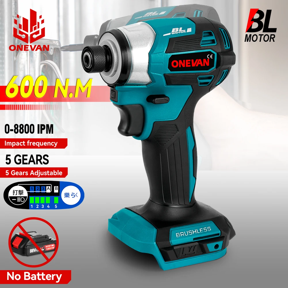 ONEVAN 1000W Brushless Electric Screwdriver 600N.M Cordless Impact Drill 1/4 Square Drive DIY Power Tool For Makita 18v Battery