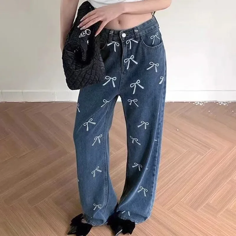 2024 Women Vintage Sweet and Spicy Style Bow Print Loose Jeans Street Casual Style Spicy Girl Straight Pants