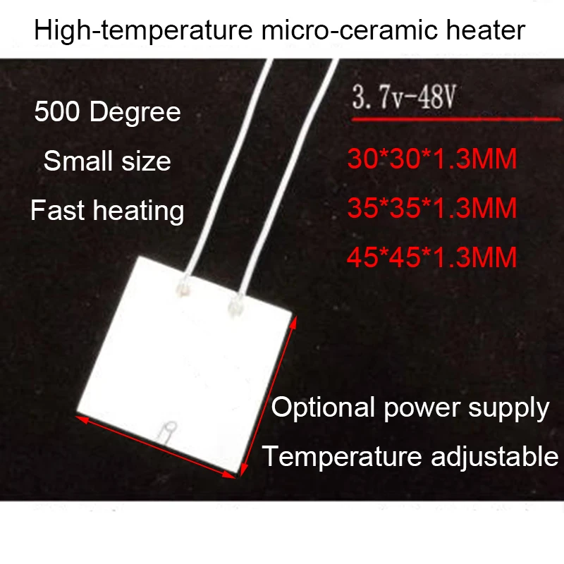 30*30*1.3MM 45*45*1.3MM High Temperature Ceramic Heater MCH Aluminum Oxide Heater High Flatness 3.7V 5V 12V 34V 36V PTFE Sheath