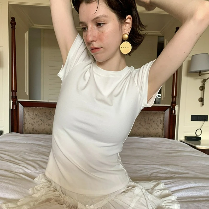 2026 Summer New Style Fashion Revealing Multi-color Niche Pure Cotton Versatile Simple and Basic Short-sleeved T-shirt for Women