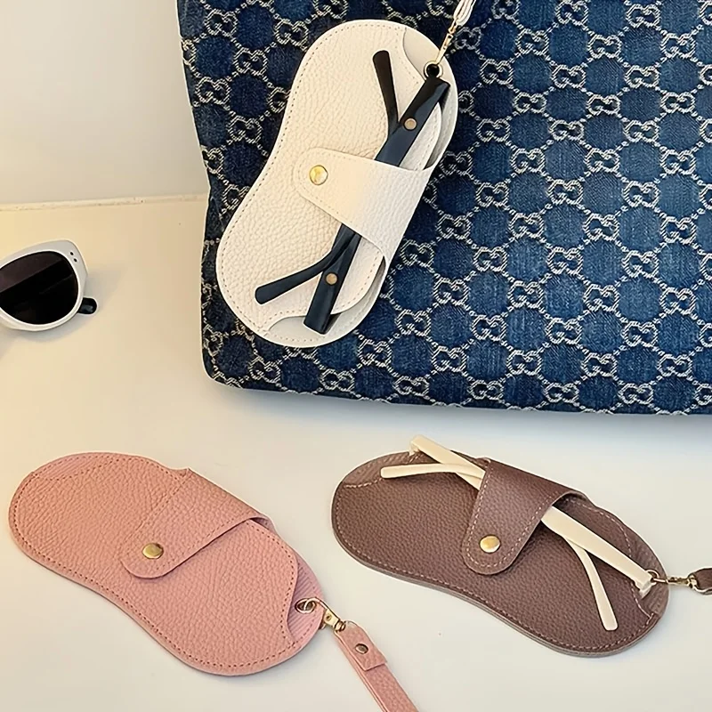 Portable PU Leather Glasses Case, Slim Soft Eyeglass Pouch with Snap Button, Anti‑Scratch Sunglasses Storage Bag for Purse