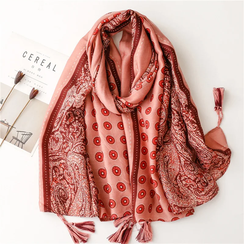 Soft Linen Cotton Scarf Shawls Women Luxury Premium Foulard Femme Long Spotted leopard print Tassel Scarfs Scarves Echarpe