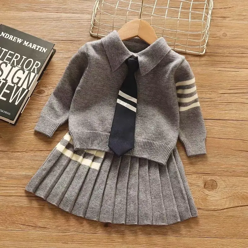 Girls Sweater Set Spring Autumn New Fashion Children's Baby Academy Style Clothing Children's Knitted Sweater Short Skirt 3PCS