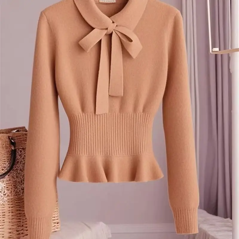 High End Bow Wool Sweater Autumn Winter French Lace Up Cashmere Pullover Women Small Fragrance Slim Waist Knitwear Gentle 041H