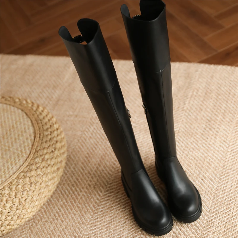 Meotina Women Genuine Leather Over-the-Knee Long Boots Round Toe Platform Thick High Heel Zipper Buckle Lady Shoes Autumn Winter