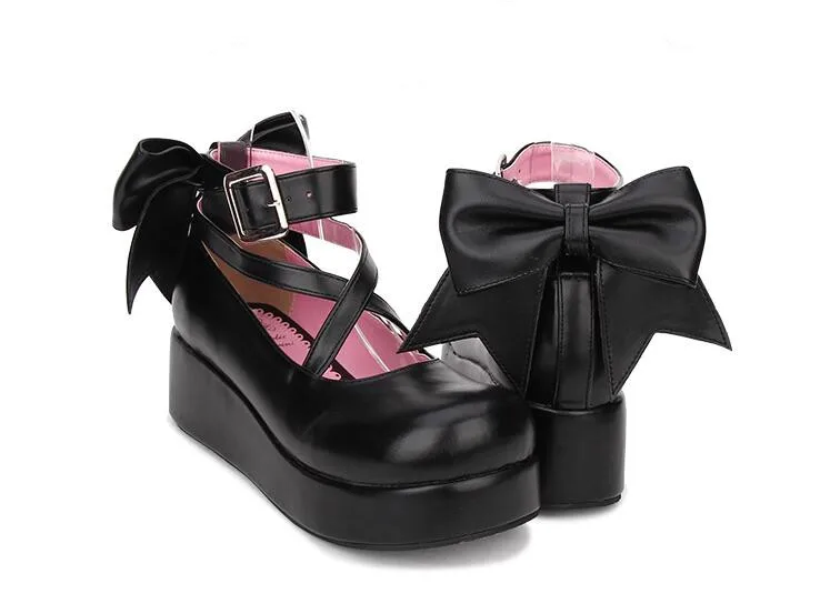 

Angelic lady mid heels pumps wedges women princess dress party shoes big bowtie 5cm imprint woman mori girl lolita cosplay shoes