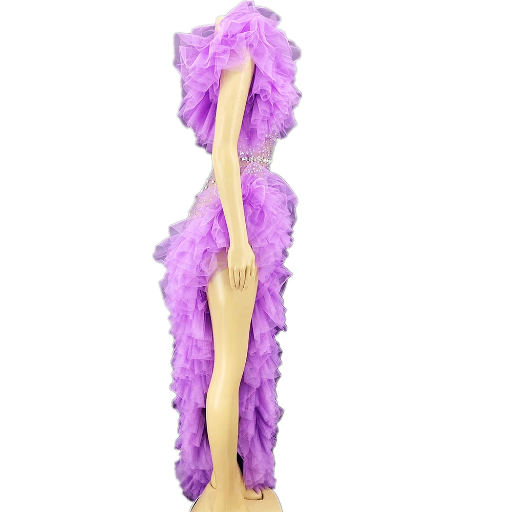 Sparkly Rhinestone Halter Dress For Women Carnival Outfit Floor-Length Cascading Ruffle V-Neck Performance Stage Samba Tango