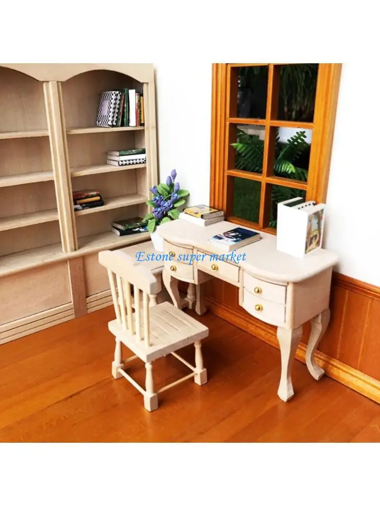 

090B Twin Pack Mini Wooden Study Table And Chair Set 1/12 Dollhouses Furniture Model For Creative Play And Decoration