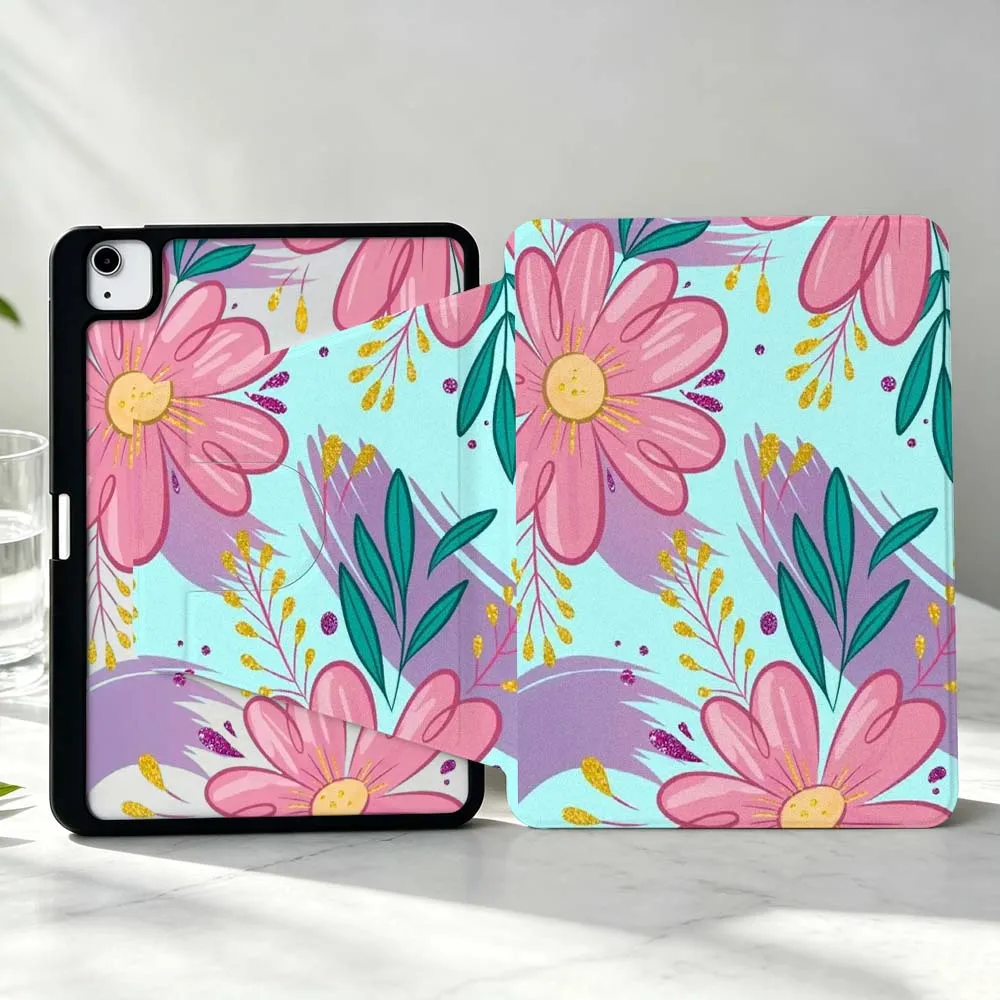 Art Floral Design For iPad Pro Air mini 6 5 4 12th M5 M4 M3 M2 A16 A17Pro 360° Rotation Stylus Storage Tablet Case Soft