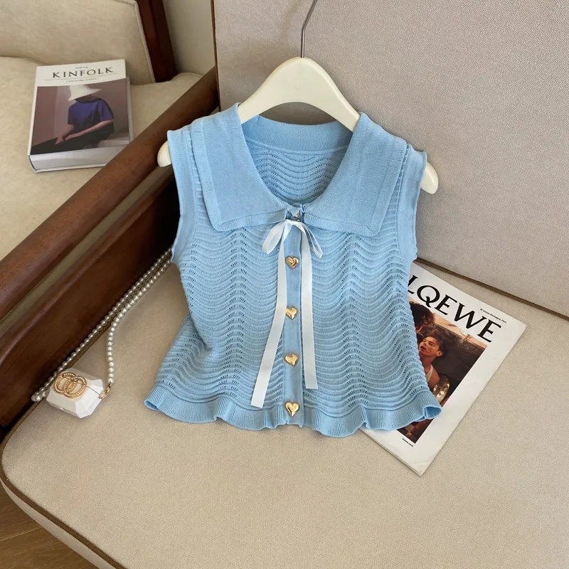 

2025 Summer Ruffled Ice Silk Knitted Sleeveless Knit Vest Women Fashion Temperament Tuen-down Collar Knitwear Tanks Y2k Crop Top