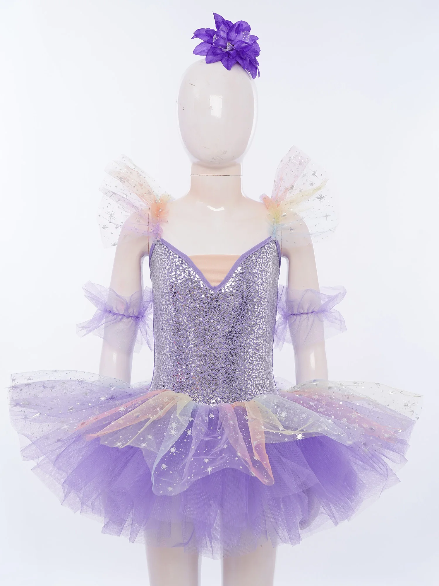 

Kids Ruffled Sleeves Ballet Tutu Skirt Dresses Kids Child Giselle Stage Performance Swan Dance Costume Sequins Girl Party Wear