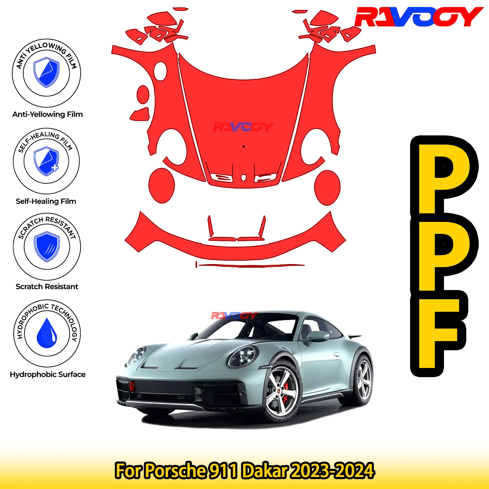 

Для Porsche 911 Dakar 2023-2024 глянцевая матовая черная предварительно вырезанная передняя защитная пленка PPF комплект