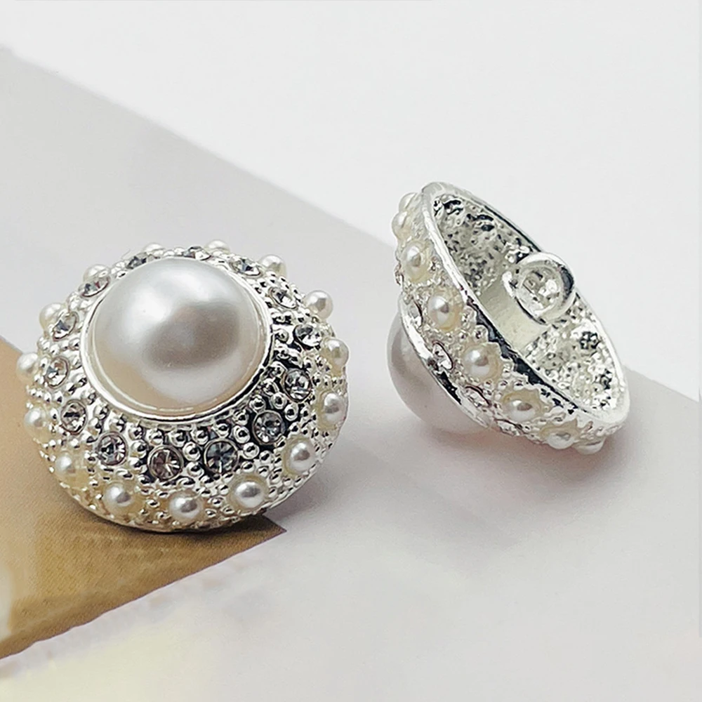 

10pcs 2cm Elegant Rhinestone Pearl Buttons, Silver Metal Sewing Metal Buttons for Dress Coat, Women's Luxury Decor Round Buttons