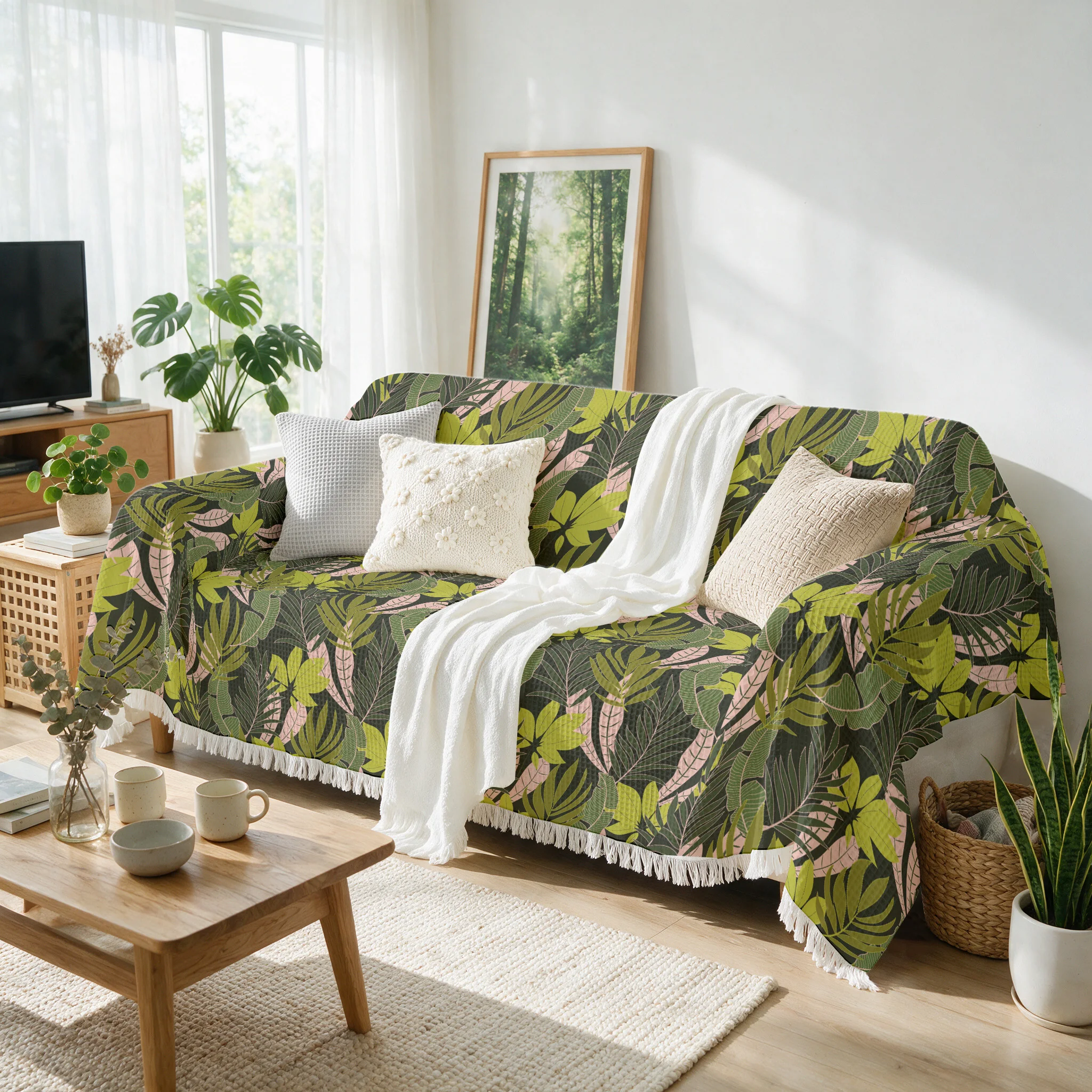 Bohemian Tropical Leaf Print Throw Blanket Sofa Cover for Living Room Couch Decor Boho Jungle Plant Pattern Home Accent