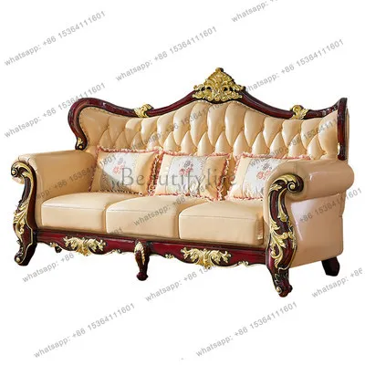 European leather sofa 123 combination living room luxury American new red sandalwood carved solid wood sofa